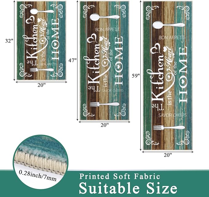Vaukki Boho Kitchen Rug Sets 3 Pieces, Washable Kitchen Mats for Floor, Non Slip Soft Kitchen Area Rug Floor Mat for Kitchen, Laundry Room and Hallway (Teal, 20''x32''+20''x47''+20''x59'')