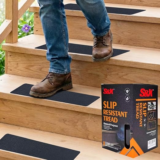 S&X Anti Slip Tape and Treads 6" x 24" 10-Pack Black Heavy Duty Non-Slip Strips for Outdoor Steps Stairs Decks Boats - High Grip, Waterproof, Oil-Proof