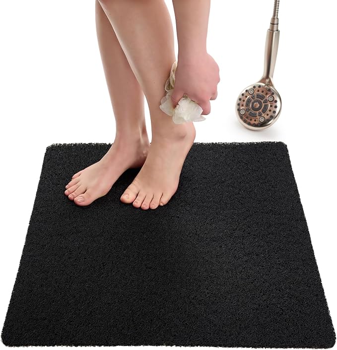 Enkosi Loofah Shower Mat Non-Slip - Anti-Slip Bath Mat for Inside Showers, Tub, Bathtub, Bathroom - Quick Dry PVC with Drain Holes - Cushioned Safety Grip - Secure for Kids and Elderly (Black 24x24)