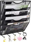 EASEPRES 5 Pocket Mesh Hanging File Organizer with Key Holder Hooks & Nametag Label, Wall Mounted Mail Paper Document Folder Storage Organization Magazine Rack for Office Cubicle, 5 Tier Black
