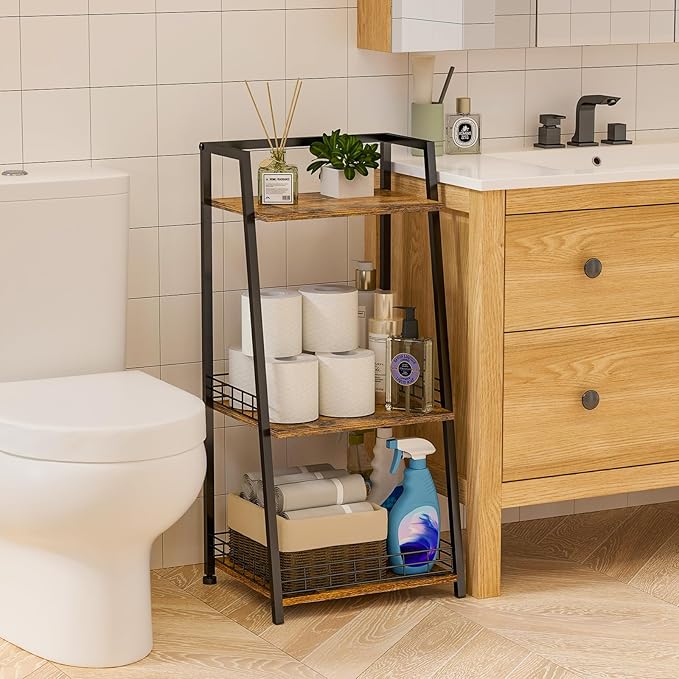 3-Tier Bathroom Shelf with Fence, Retro Bathroom Organizers and Storage Stand, Wood Shelving Unit with Metal Frames, Classic Open Floor Storage Shelves for Bathroom, Laundry Room, Living Room