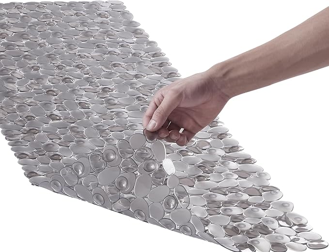 Webos Bath Shower Mat Non Slip: Extra Large Pebble Bathtub mat for Families, Anti Slip Shower Matt with Drain Holes Suction Cups Tub Mat - 16 X 40 Inch Clear Grey