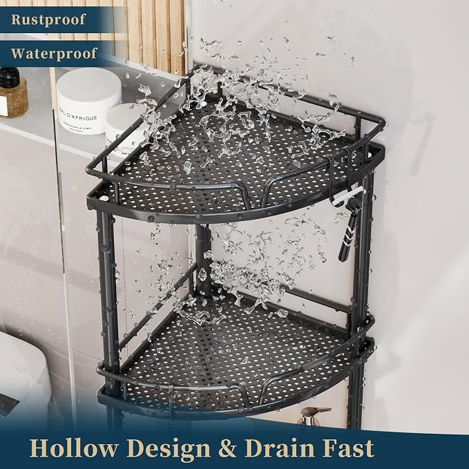 Consumest Corner Shower Caddy Stand - 3 Tier Shower Organizer with Soap Holder, Tall Floor Corner Shelves Standing with Adjustable Feet & 4 Hooks, Storage Rack for Bathroom Black