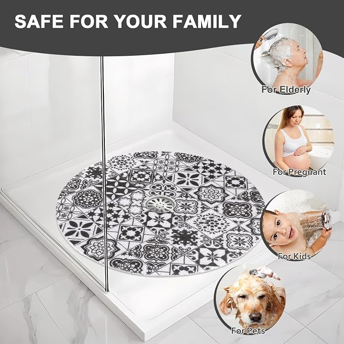Shower Mat Non Slip, Round Shower Mat for Inside Shower, Non Slip Bathtub Mat, Fast Drying Bath Tub Mats, Loofah Mat for Shower Bathroom, Quick Drying, Resistant (Black Mosaic, 32" (Round))