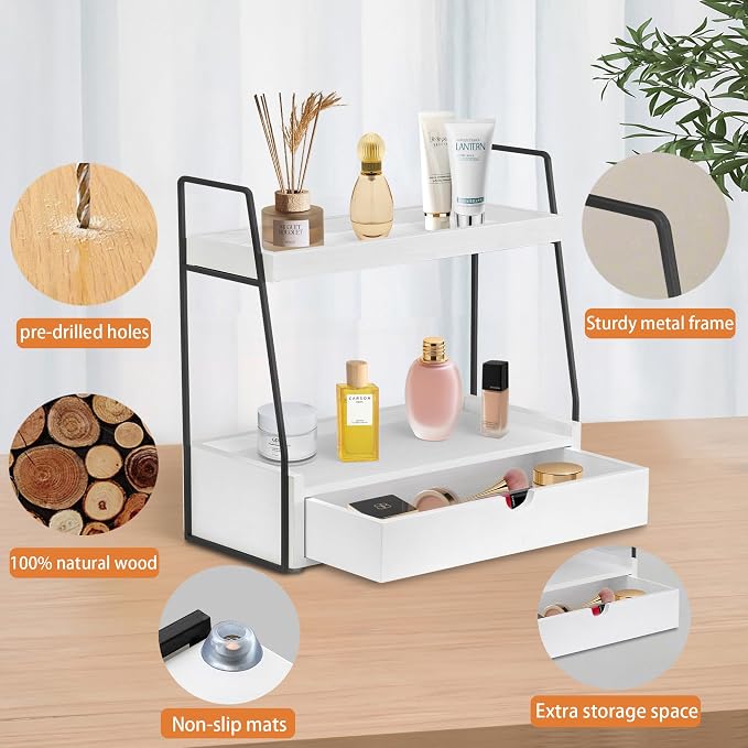 2-Tier Bathroom Organizer Countertop with Drawer, Wood Counter Organizer for Bathroom Decor, Sink Shelf for Vanity Storage, Makeup Tray for Perfume Skincare, Spice Rack Bedroom Kitchen Corner ﻿