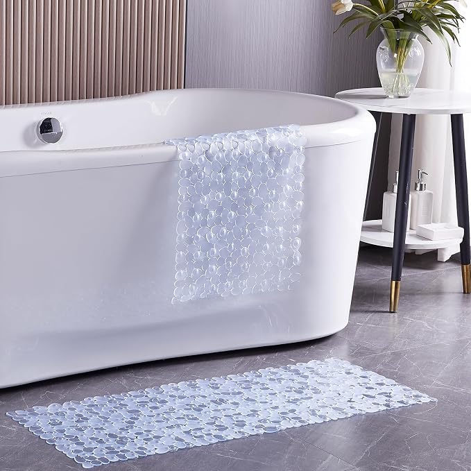 Webos Bath Shower Mat Non Slip: Extra Large Pebble Bathtub mat for Families, Anti Slip Shower Matt with Drain Holes Suction Cups Tub Mat - 16 X 40 Inch Clear