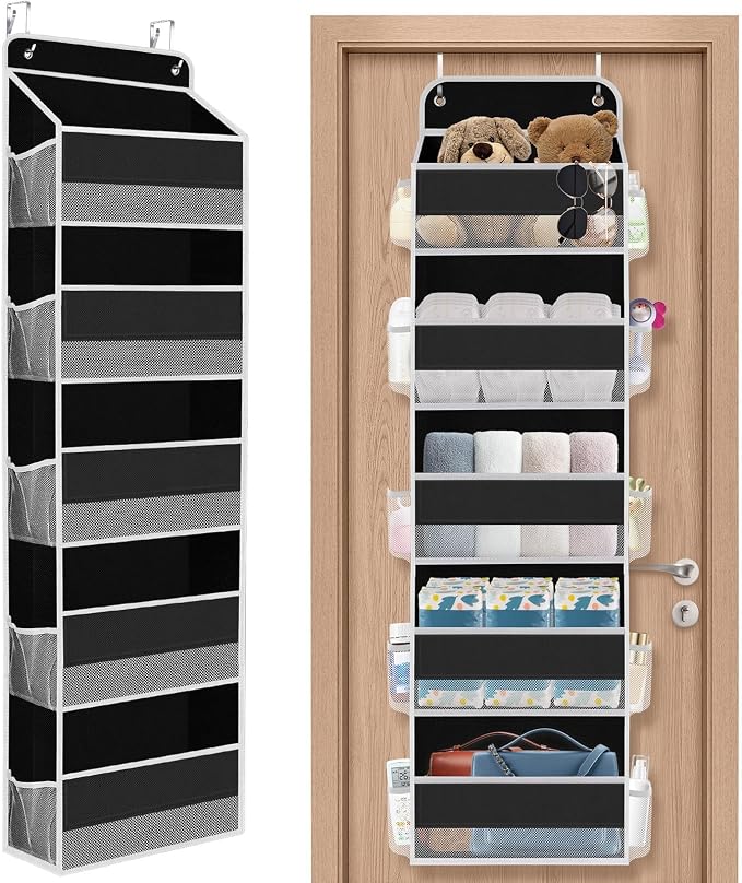 SpaceHacks 1 Pack Over The Door Organizer, Hanging Storage Organizer with Clear Window, 40lb Ultra Sturdy Large Capacity Room Organizer for Pantry Laundry Bathroom Nursery Closet (Black)