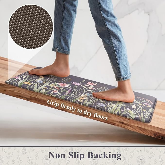 KIMODE Anti Fatigue Kitchen Mat, Farmhouse Floral Kitchen Rugs, Kitchen Floor Mats Non-Slip,Comfort Kitchen Mats for Floor Sink, Laundry, Office, Desk Dark Grey/Purple 17"x47"+17"x29"