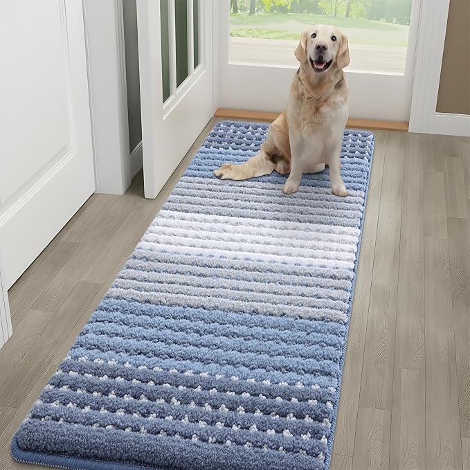 Kitinjoy Indoor Outdoor Door Mat, 59x20 Non-Slip Absorbent Dirt Trapper, Low-Profile Washable Inside Entrance Front Floor Mat, Sturdy Soft Entry Dotted Ombre Doormats for Entryway, Light Blue