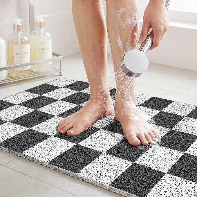 Square Loofah Shower Stall Mat 24"x24", Quick Drying Shower Mats with Drain, PVC Loofah Bath Mat for Wet Room & Bathroom Floor, Soft Textured & Elderly Safe, Washable & Resistant, Black Checkered
