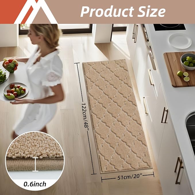 COSY HOMEER-Kitchen-Rugs 20"x48" Non-Slip Absorbent Soft Kitchen Runner Rug Polyester Kitchen Mats for Floor Washable Kitchens Standing Floor Mat for Sink Mat,Hallway,Laundry, Beige