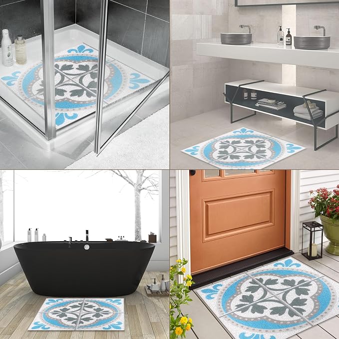 Square Shower Mat 24x24 Inch Non Slip Bath Mat for Inside Shower Loofah Shower Mat for Elderly Soft Textured Foot Massage Pad Bathroom Floor Mat for Wet Area, Without Suction Cups, Quick Drying