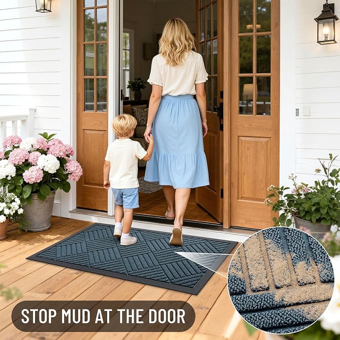 OLANLY Front Door Mat Outside Entrance 47x23, Absorbent, Heavy Duty Sturdy Natural Rubber Doormat Indoor Outdoor, Stain Fade Resistant, Non-Slip Low Profile Floor Mat for Entryway, Lake Blue Diamond