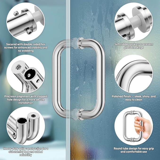 Ranbo Polished Chrome 6" （CTC） Tubular Back-to-Back Shower Door Handle，3/4" Diameter Pull Handles with Metal Washers, for 1/4"- 1/2" Thick Glass and 1-3/8" - 2-1/6" Thick Wooden or Metal Doors