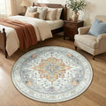 RELEANY Area Rugs Round 4ft Washable Non-Slip, Floral Vintage Distress Medallion Carpet for Living Room Bedroom Dining Room, Beige Carbon Grey Orange