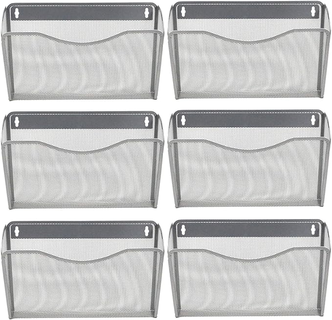 EASEPRES 6 Single Pocket Mesh Hanging File Organizer, Vertical Wall Mounted Magazine File Holder, Mount Basket Mail Paper Document Folder Organizing for Office, Home and School, Silver