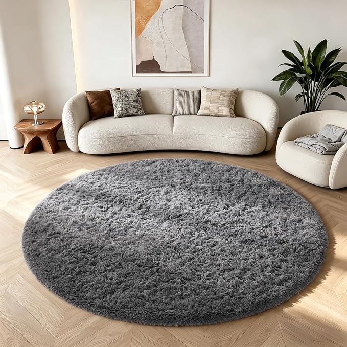 Ophanie Round Rug 6Ft Grey Circle Area Rugs, Fluffy Fuzzy Large Bedroom Carpet 6 foot, Plush Shag Solid indoor Floor Gray Living Room Christmas Circular Aesthetic Decor for Kids Teen Boys Baby,Nursery