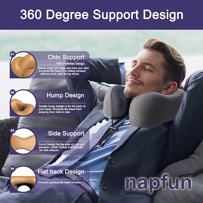 napfun Neck Pillow for Traveling, Upgraded Travel Neck Pillow for Airplane 100% Pure Memory Foam Travel Pillow for Flight Headrest Sleep, Portable Plane Accessories, Dark Gray
