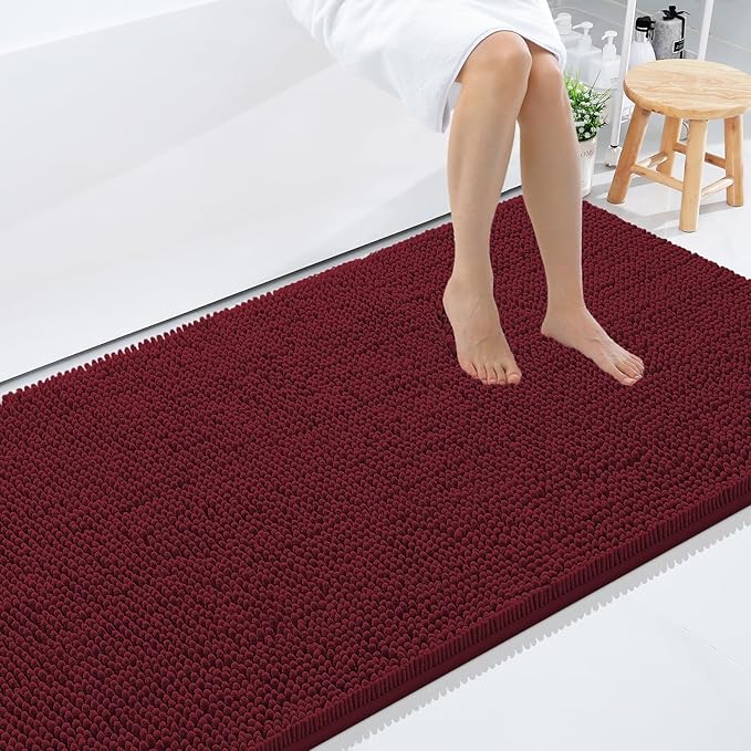 Smiry Luxury Chenille Bathroom Rugs 59x35, Extra Soft and Absorbent Shaggy Bath Mat, Machine Washable, Non-Slip Plush Carpet Runner for Tub, Shower, and Floor, Home Decor Accessories, Burgundy