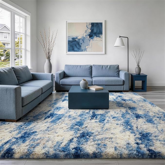 Ophanie 9x12 Blue and Gray Area Rugs for Living Room, Large Navy Grey White Fluffy Shag Fuzzy Plush Soft Carpets, Floor Shaggy Rugs for Bedroom, Carpet for Kids Boys Dorm Nursery Home Decor Aesthetic