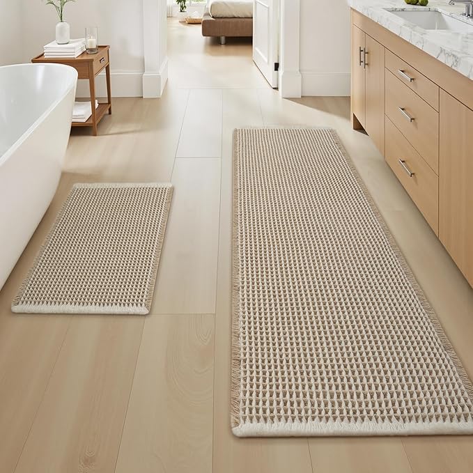 Upgraded Waffle Bath Mat Set of 2 Super Absorbent Non Slip Bath Mats for Bathroom, Washable Boho Bathroom Rugs Set 2 Pieces with Tassels, Soft Bathroom Mat Set, Brown & Cream, 17" x 24" Plus 17" x 48"