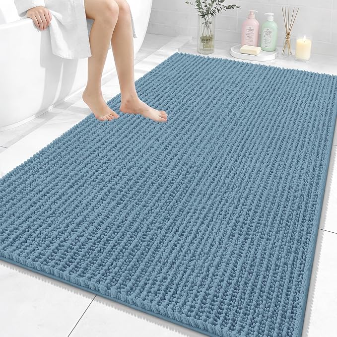 OLANLY Bathroom Rug Mat 59x35, Thick Soft and Absorbent Chenille Bath Mat, Non-Slip Rubber Backing, Machine Washable Quick Dry Bath Rugs for Tub Shower Floor, Home Decor Accessories, Airy Blue