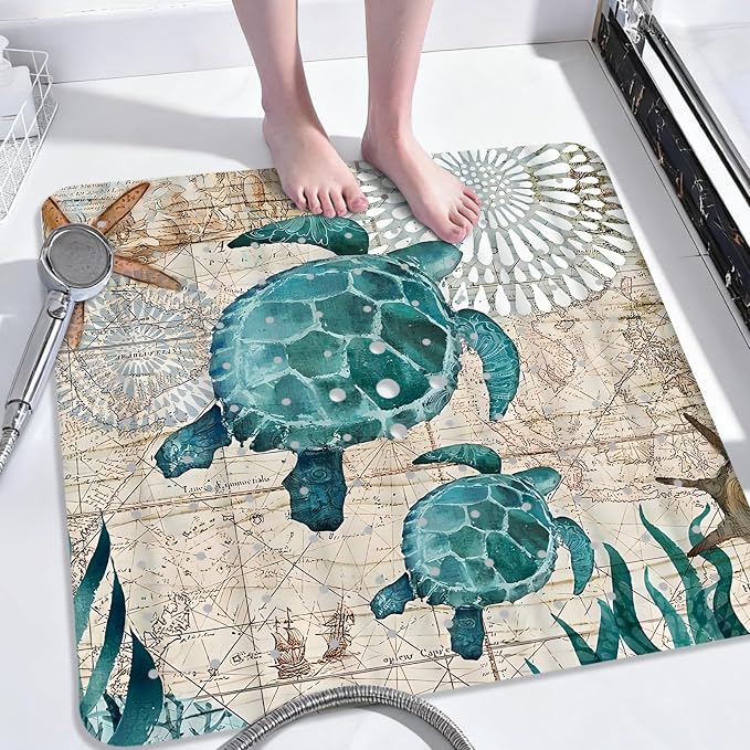 Sea Turtle Square Anti Slip Shower Mats for Inside Shower Accessories, Cute Bath Mats for Bathroom Non Slip Shower Floor Mat Decor Rubber Bathmat With Suction and Drain Holes Machine Washable, 21″X21″