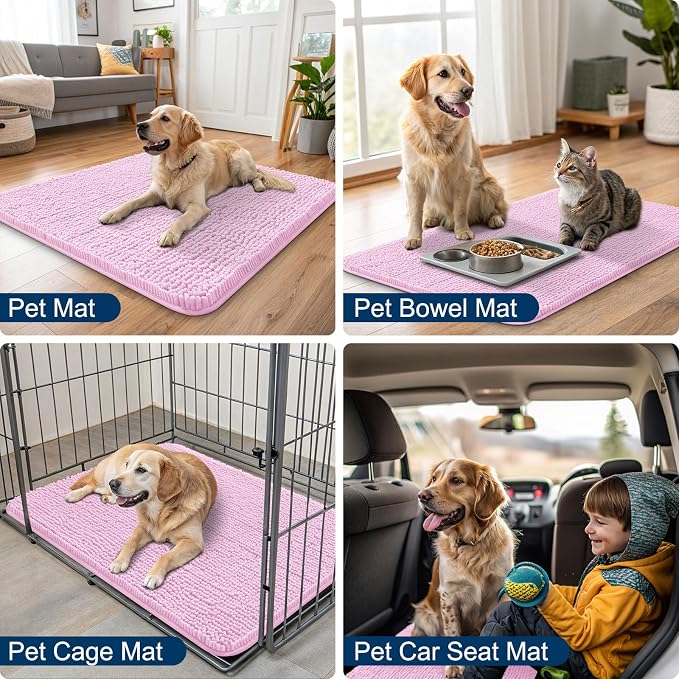 Smiry Dog Door Mat for Muddy Paws 47x24, Absorbent Dirt Trapper, Non-Slip Washable Chenille Entryway Rug for Inside Floor, Pink, Classic Solid