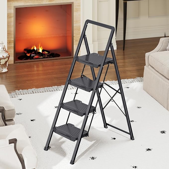 KINGRACK 4 Step Folding Ladder - Steel Step Stool with Handrail, Wide Pedal, 800 lbs Capacity – Foldable Heavy Duty Ladder for Home, Kitchen – Black