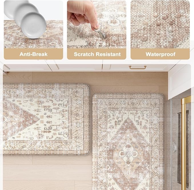 KIMODE Anti Fatigue Kitchen Mats for Floor 2 Piece 20"x59"+20"x32", Khaki Boho Distressed Kitchen Rugs, Non Slip Waterproof Kitchen Floor Mat, Comfort Foam Standing Mat for Sink Laundry Office Desk