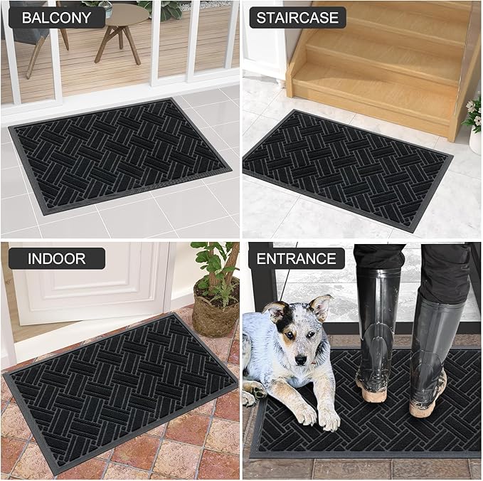 OLANLY Indoor Outdoor Mat, Sturdy Natural Rubber Floor Mat, Non Slip Low Profile Waterproof Doormat, and Stain Front Door Mats, Easy Clean Patio Entrance Mat, 36''x24'', Black