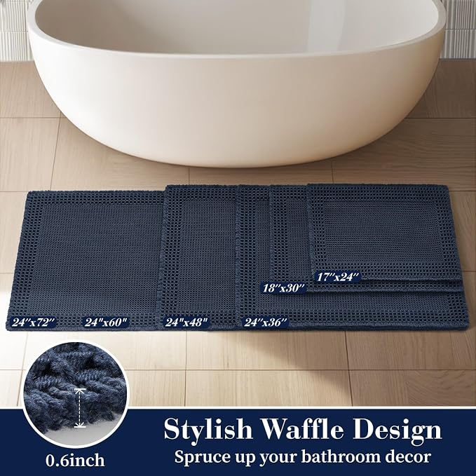 RESARE Waffle Bath Mat for Bathroom, Super Absorbent Bathroom Rugs Non Slip Machine Washable, Ultra Soft Quick Dry Boho Bath Rugs with Tassels, Farmhouse Home Decor Accessories, 24"x36" Navy