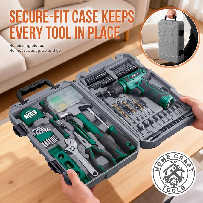 Hi-Spec 8V USB Power Drill Driver and Complete Home Tool Kit Set. Cordless & Rechargeable Electric Drill Driver and Compact Hand Toolbox Set, Green