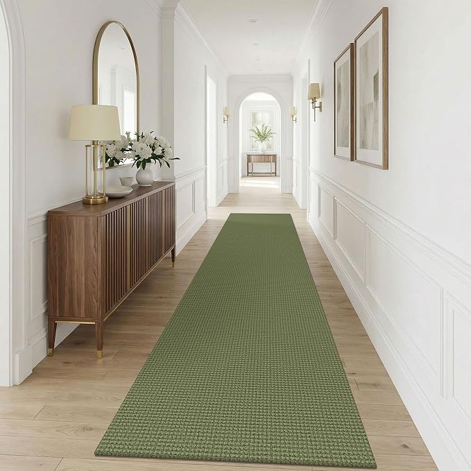 KOZYFLY Cotton 3x12 Runners Rugs for Hallway, Long Washable Runner Rug, Woven Non Slip Kitchen Runner, Braided Entryway Rug, Floor Carpet for Entry, Aisle, Hall, Olive Green/Earthy Green