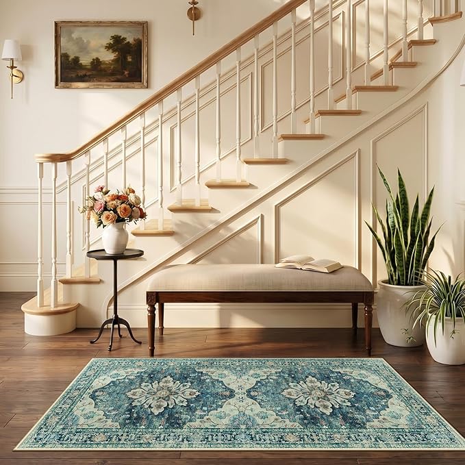 RELEANY Area Rugs Runner 2'6"x5' Washable Non-Slip, Floral Vintage Distress Medallion Carpet for Kitchen Hallway Bedroom Beside Laundry Room Bathroom, Dark Blue Vintage
