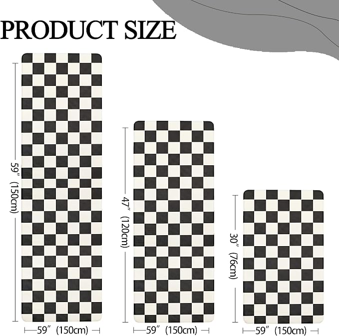 Beige Black Checkered Grid Checkerboard Kitchen Rug Sets [3 PCs], Anti-Fatigue, Waterproof Non-Slip Kitchen Mats Heavy Duty Ergonomic Comfort Foam Rug for Floor, Laundry,17" Wx29/47/59“L