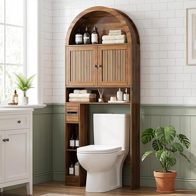 Arched Over The Toilet Storage Cabinet with Fluted Doors, Above Toilet Bathroom Organizer, 4 Tier Bathroom Cabinet Shelves with Toilet Paper Holder, Mid Century Modern Storage Rack, Tall, Wide, Walnut