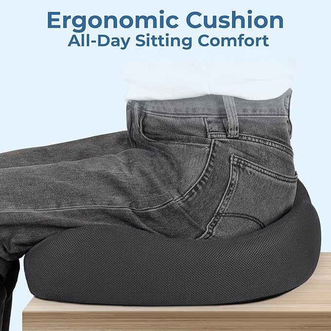 5 STARS UNITED Seat Cushion - Memory Foam Chair Cushion for Tailbone Pain Relief - Ergonomic Support for Coccyx, Sciatica & Butt - Office, Desk & Gaming Chair, Car Seat, Wheelchair, Dark Gray Mesh