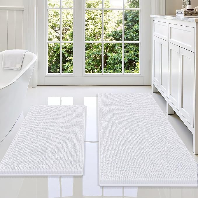Smiry Bathroom Rugs Sets 2 Piece, Soft Absorbent Chenille Machine Washable Non Slip Shaggy Bath Rug Set for Tub, Shower, and Floor (47x20+30x20, White)