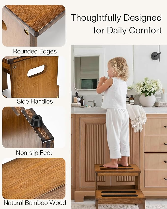 StrongTek 2 Step Stool for Adults, Heavy Duty Bamboo Step Stool with Wide Anti-Slip Steps, 13” Height, 400 lbs Capacity, Non-Slip Feet, Stable Step Ladder for Kitchen, Closet, Bedroom