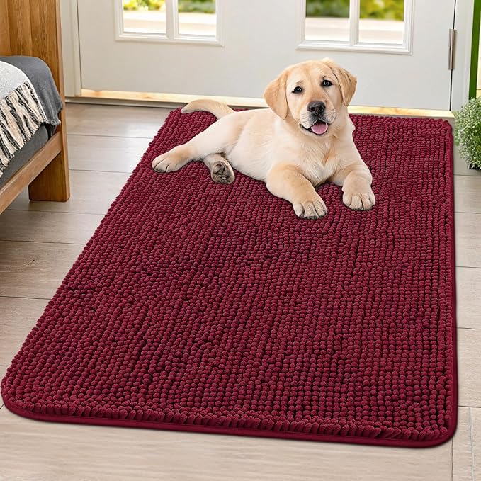 Smiry Dog Door Mat for Muddy Paws 40x32, Absorbent Dirt Trapper, Non-Slip Washable Chenille Entryway Rug for Inside Floor, Burgundy, Classic Solid