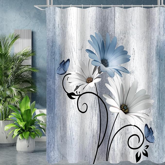 Onalasyc 4PCS Blue Daisy Flowers Plants Shower Curtain Set, Shower Curtain and Carpet and Accessories, Waterproof Bathroom Shower Curtain Decorative Set, with 12 pcs Hooks,71 x 71in