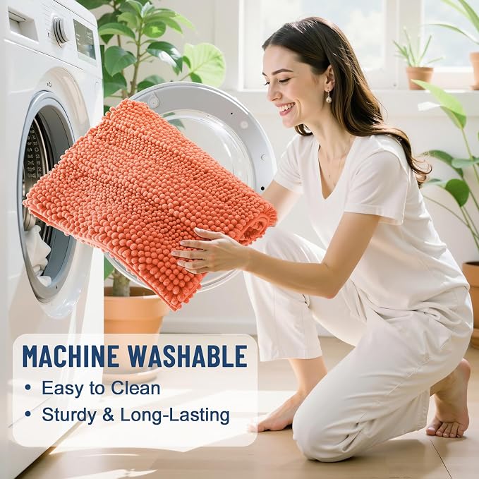 Grandaily Chenille Striped Bathroom Rugs 30x20, Extra Thick and Absorbent Bath Mats, Non-Slip Soft Plush Shaggy Shower Carpet, Machine Wash Dry, Bath Rug for Bathroom, (Medium, Coral Orange)