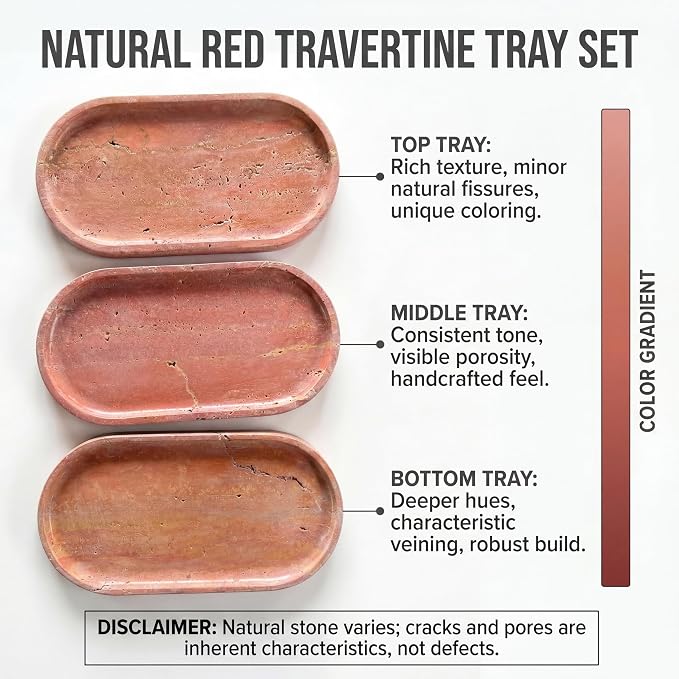 YKAJO Oval Real Marble Tray for Bathroom Kitchen Counter Stone Decorative Vanity Tray for Dresser Perfume Heavy Catchall Organizer for Soap Jewelry (Rosso Levanto Red, 11.8" x 5.9")
