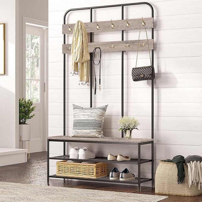 HOOBRO Hall Tree with Bench, Entryway Bench with Coat Rack, Mud Room Rack with 12 Double Hooks and Shoe Storage, Coat Tree, Shoe Organizer, for Foyer, Front Door, Greige and Black BG05MT01