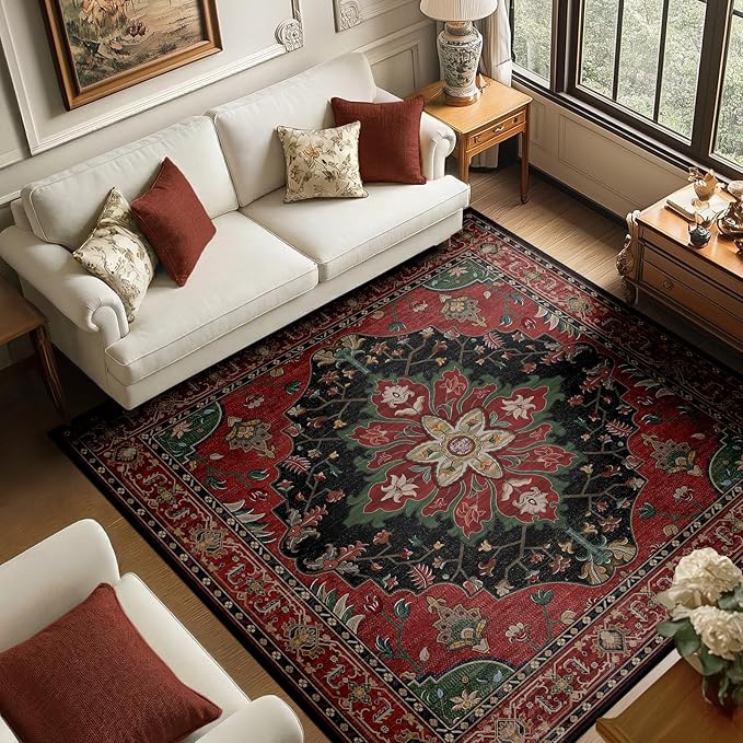 RELEANY Area Rugs Square 6ft Washable Non-Slip, Floral Vintage Distress Medallion Carpet for Living Room Bedroom Dining Room, Red Black