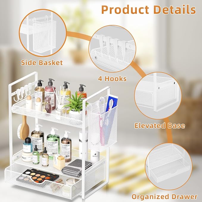 VITVITI 2 Tier Bathroom Organizer Countertop with Drawer, Metal Mesh Bathroom Counter Vanity Organizer Storage, Bath Room Shelf Sink Kitchen Spice Rack with Basket Hooks, White