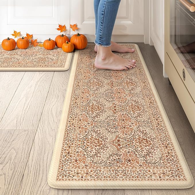 Collive Fall Kitchen Mats Cushioned Anti Fatigue, Vintage Floral Kitchens Rugs Set of 2 Brick Red Non Slip Floor Carpet, Waterproof Sink Mat Foam Comfort Standing Rug for Home Decoration