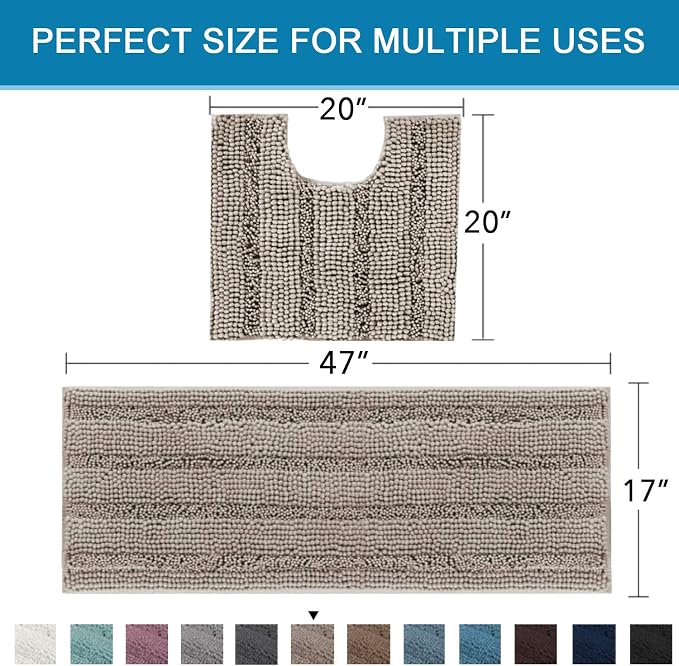 H.VERSAILTEX Bathroom Rugs Bath Rug Set 2 Piece Bathroom Contour Rug Toilet Mat Sets Non Slip Contour Bath Rug Ultra Thick Water Absorbent Striped Bath Mats Washable(47" x 17" Plus 20" x 20" U, Taupe)