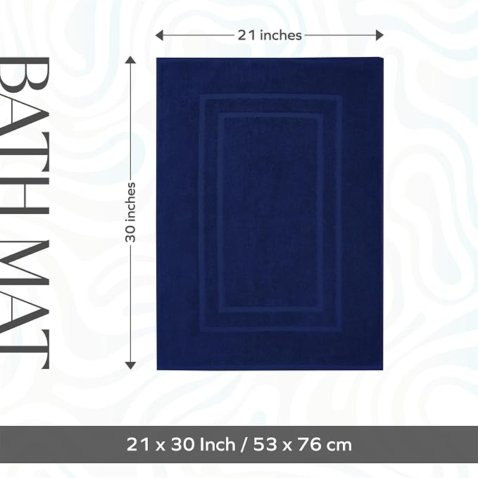 Feather & Stitch 2 Piece Towel Like Bath Mats (30x21 Inch) 100% Cotton Terry Bath Mats, Bathroom Shower Floor Mats [NOT A Bathroom Rug], Soft Absorbent Washable Mats - Navy Blue